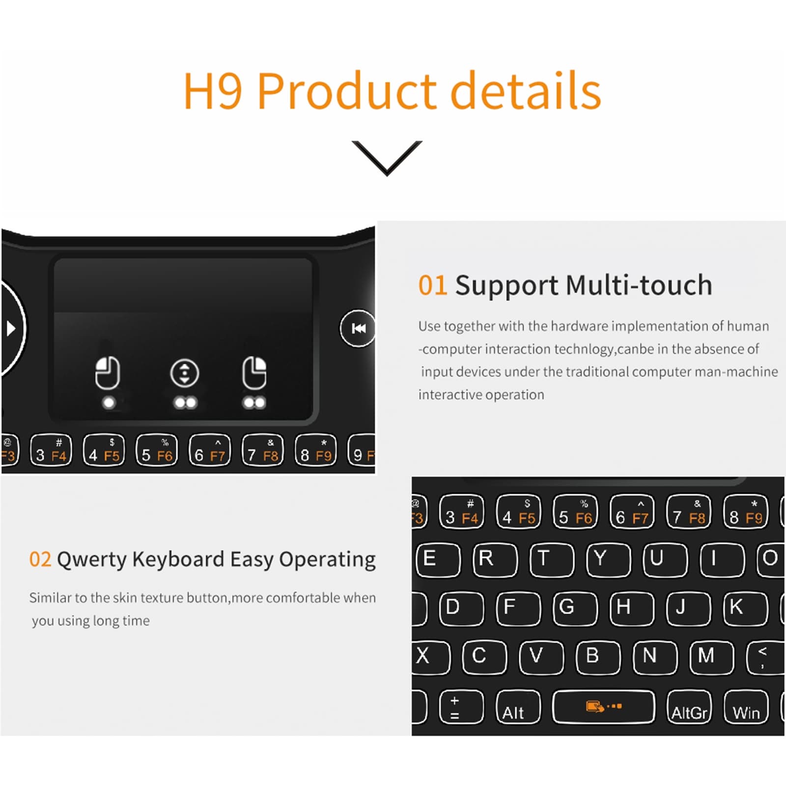 H9 2.4GHz Mini Wireless Air Mouse QWERTY Keyboard with White Backlight & Touchpad for PC 5