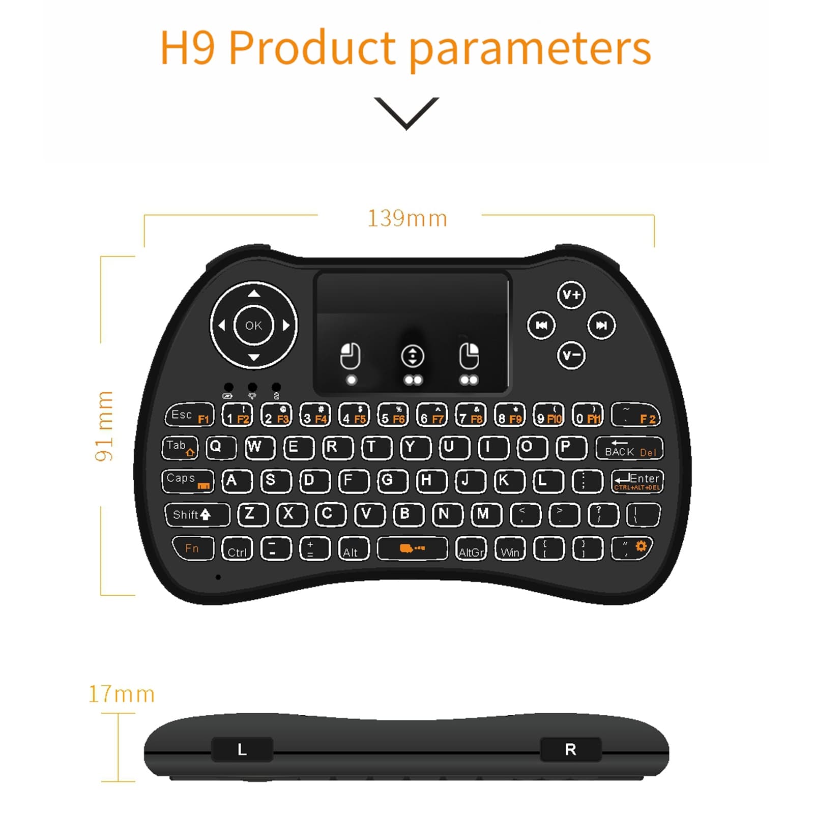 H9 2.4GHz Mini Wireless Air Mouse QWERTY Keyboard with White Backlight & Touchpad for PC — detail 6