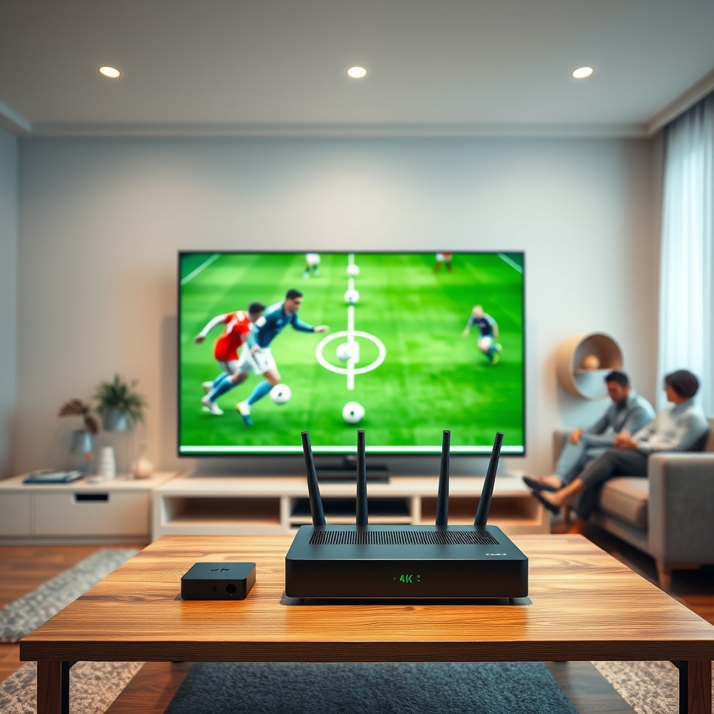 A 4K TV screen showing a sports game with a fast internet router in the background, representing the main keyword 4K streaming