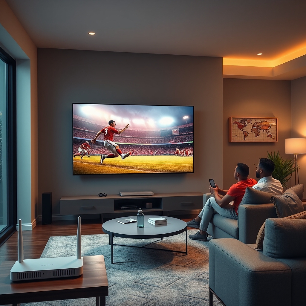 A person watching 4K sports on a large screen TV with a fast internet router in the background