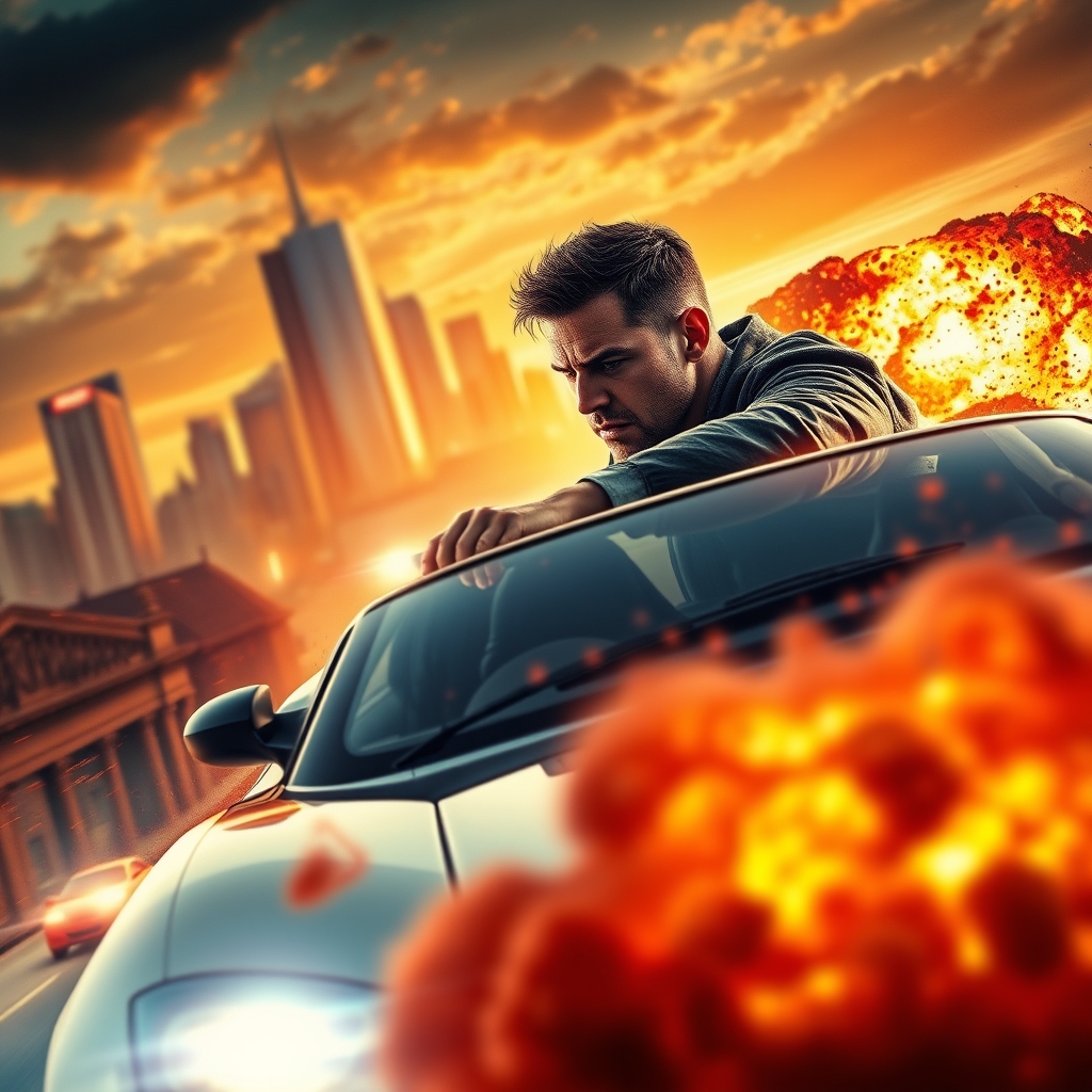 Action movie scene with a hero in a thrilling car chase, streaming on a smart TV