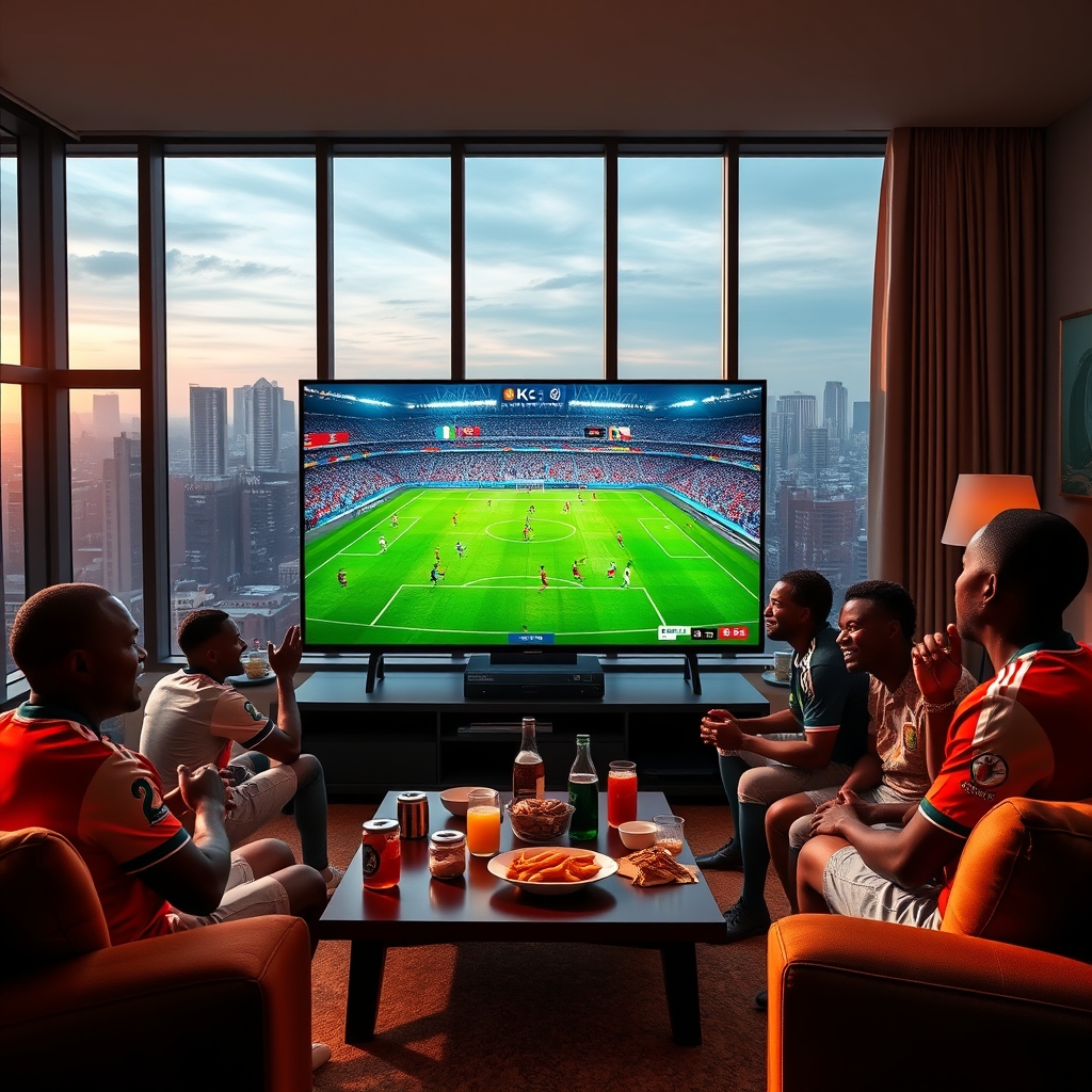 A football stadium with a 4K TV screen displaying an Africa Cup of Nations match