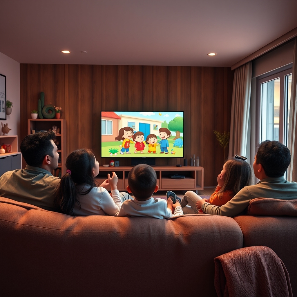 A family watching kids cartoons on a 4K TV with an IPTV subscription