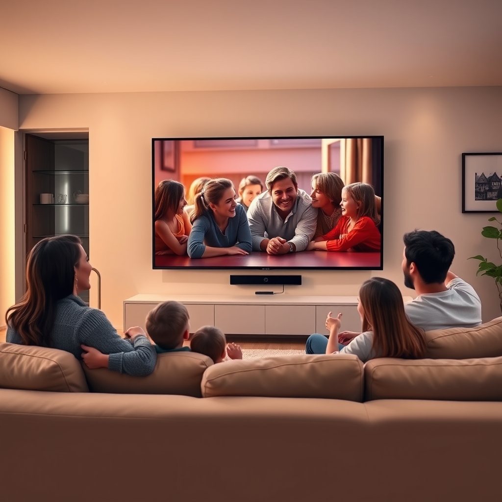 A family watching TV together with a 4K IPTV streaming device