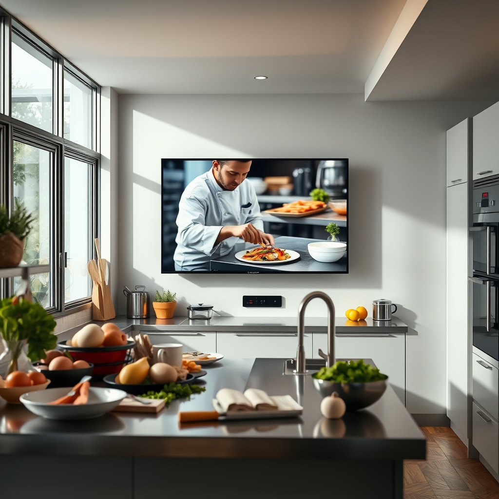 A chef cooking in a modern kitchen with a 4K TV displaying a cooking show in the background