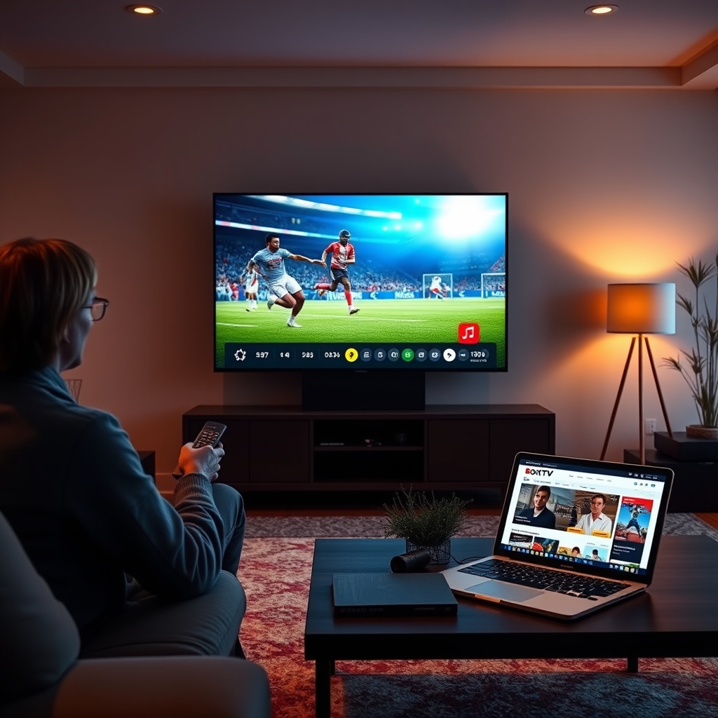A person holding a remote control, cutting a cable with scissors, with a TV screen displaying an IPTV channel in the background