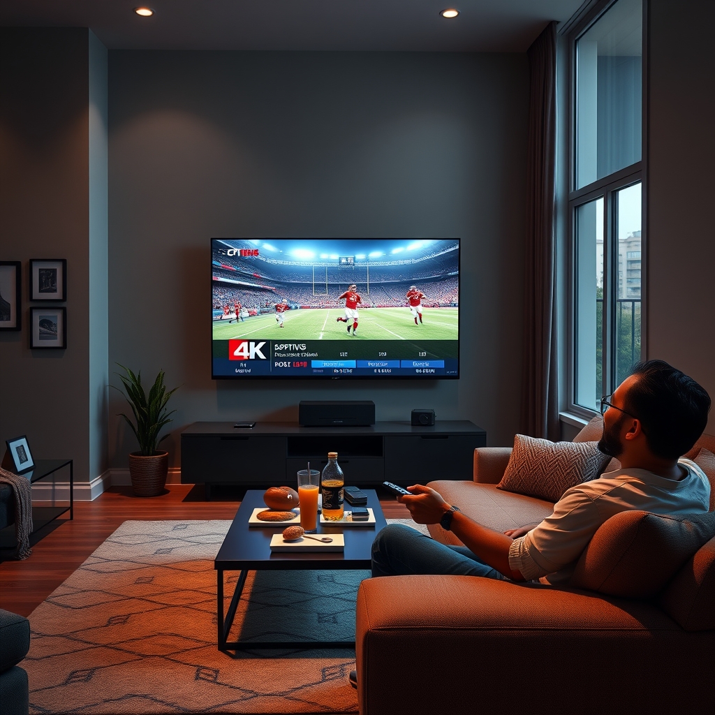 A person holding a remote control, with a smart TV showing an IPTV channel in the background