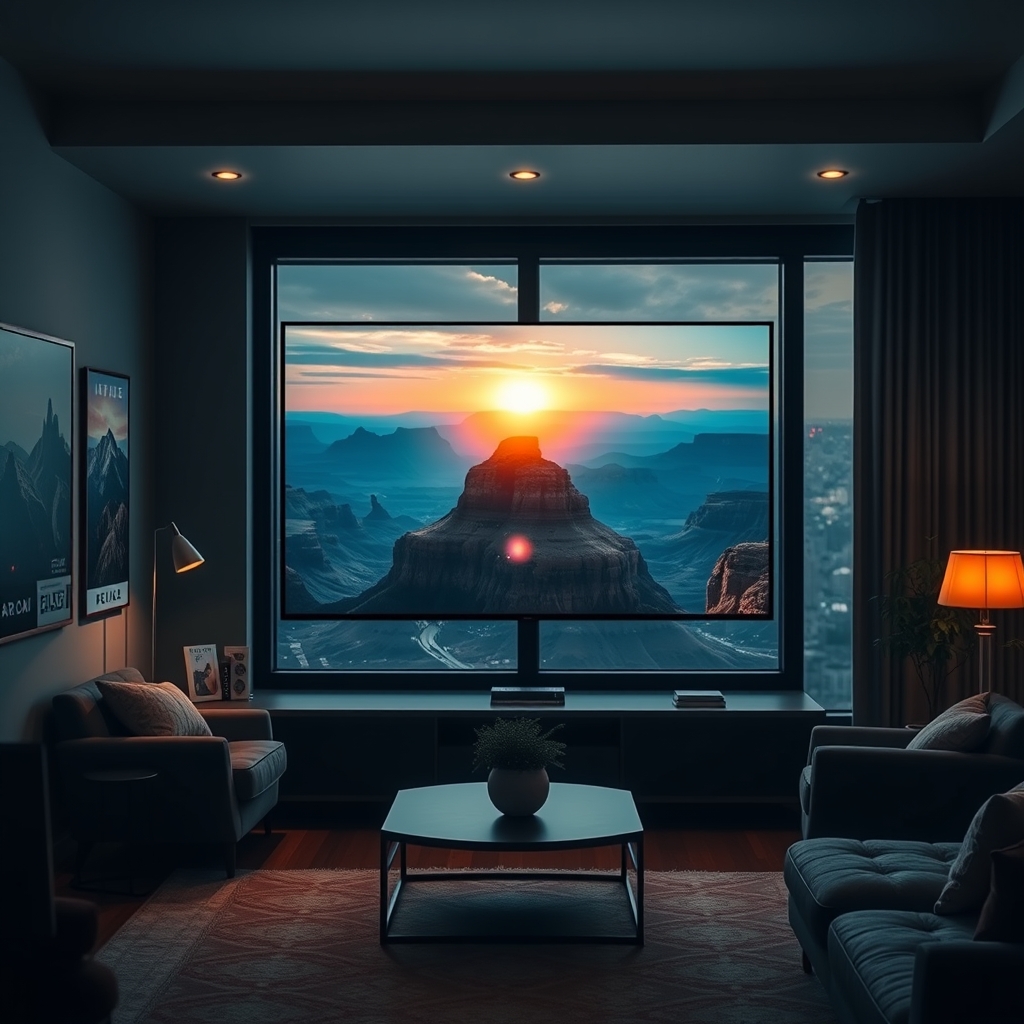 A 4K TV screen showing a travel documentary with a stunning mountain range