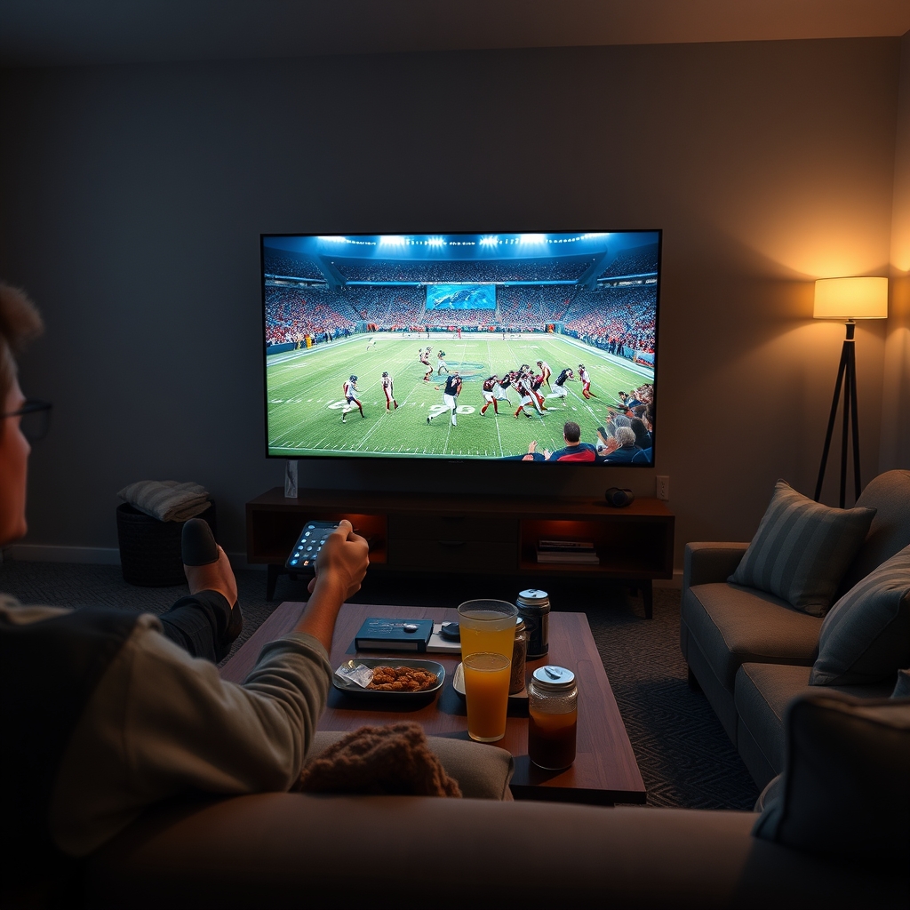 A person holding a remote control, with a TV screen in the background showing a live sports game