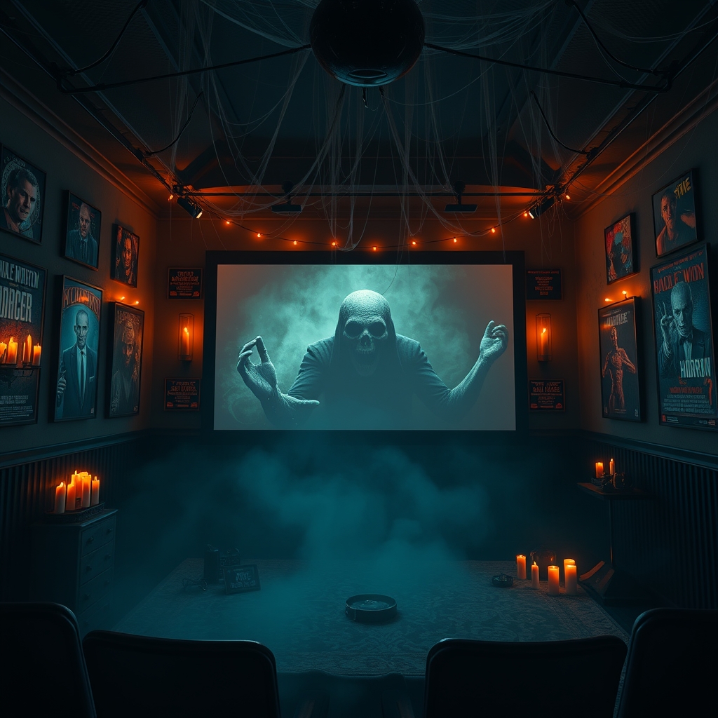 A dark and spooky movie room with a large screen displaying a horror movie in 4K quality