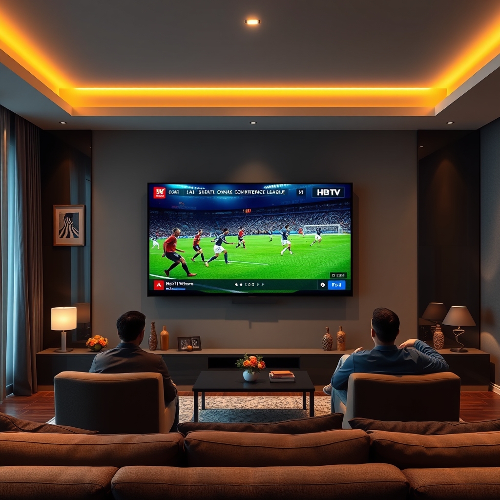 A living room with a large 4K TV showing a UEFA Conference League match, with a BoxTV Stream logo on the screen