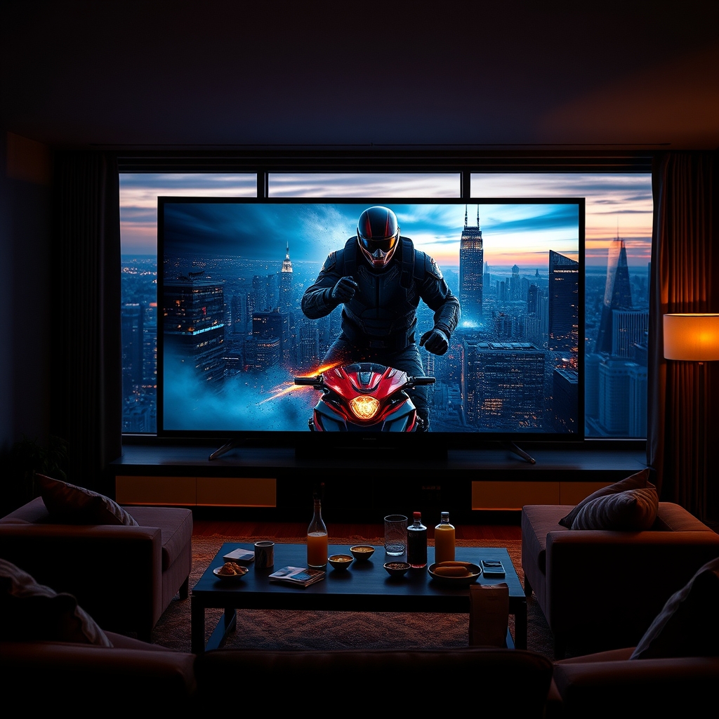 Action movie scene in 4K on a widescreen TV with BoxTV Stream IPTV subscription