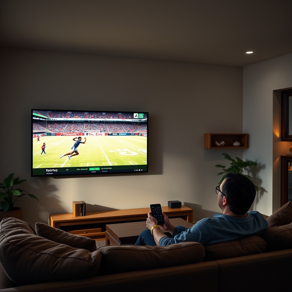 A person watching IPTV on a large screen with a remote control, comparing free trial and paid subscription options