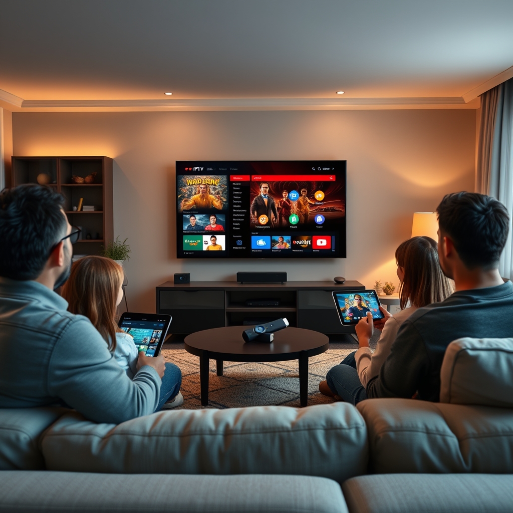 A family watching IPTV on multiple devices in a living room