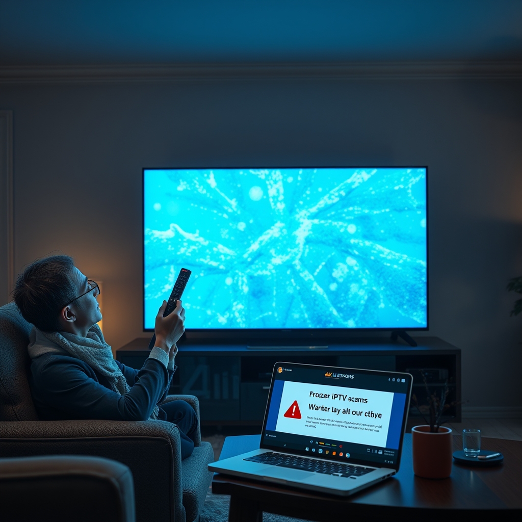 A person holding a remote control, looking concerned in front of a TV with a frozen screen, representing the risks of cheap IPTV sellers