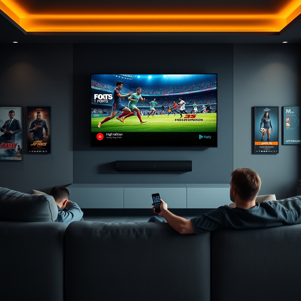 A person holding a remote control, with a smart TV displaying a premium IPTV channel in the background