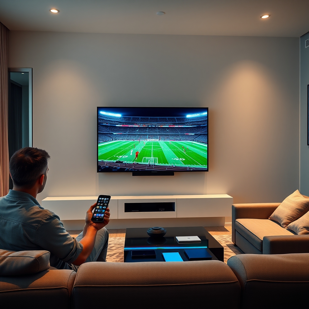A person holding a remote control, with a widescreen TV in the background showing a live sports event in 4K quality