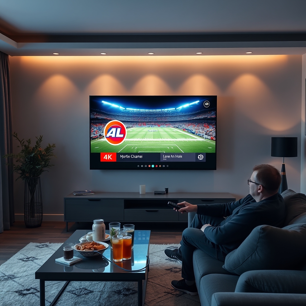 A person holding a remote control, with a premium IPTV streaming service on their TV screen