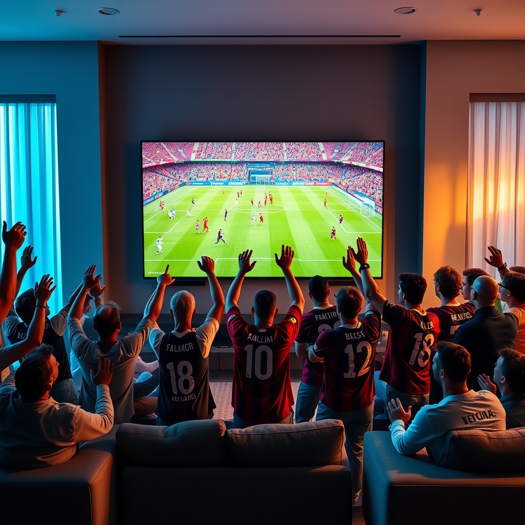 A 4K TV screen showing a live La Liga football match with a crowd of fans cheering in the background