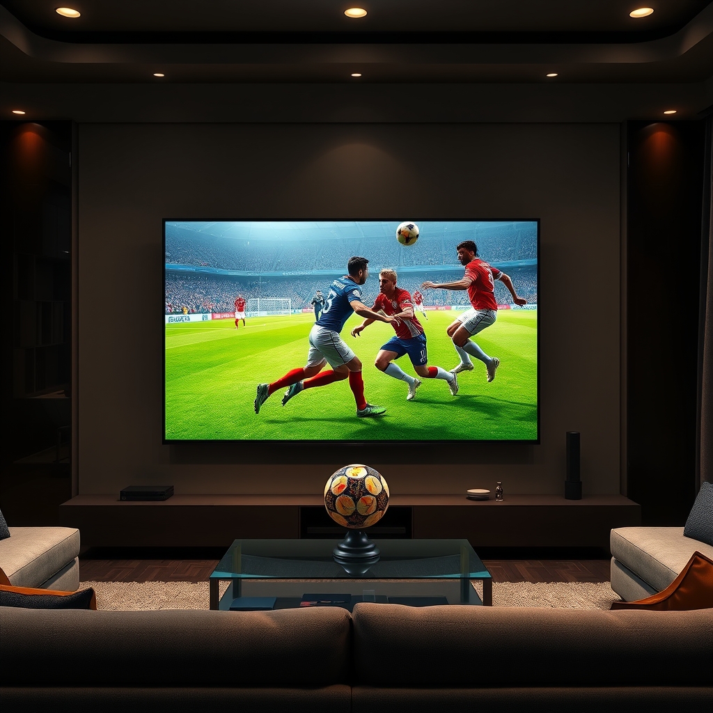 A photorealistic image of a football stadium with a 4K TV screen displaying a Ligue 1 match