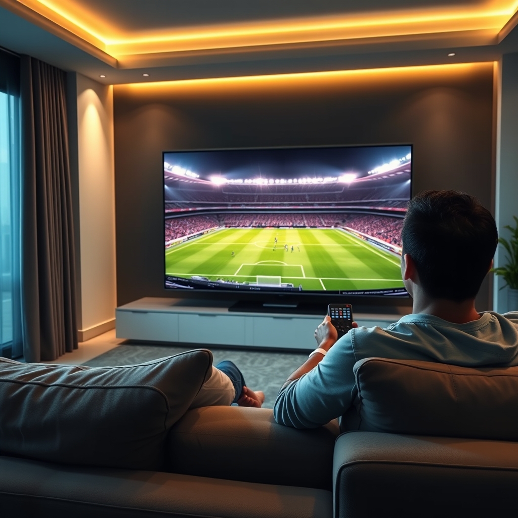 A person watching live TV on a smart TV with a remote control
