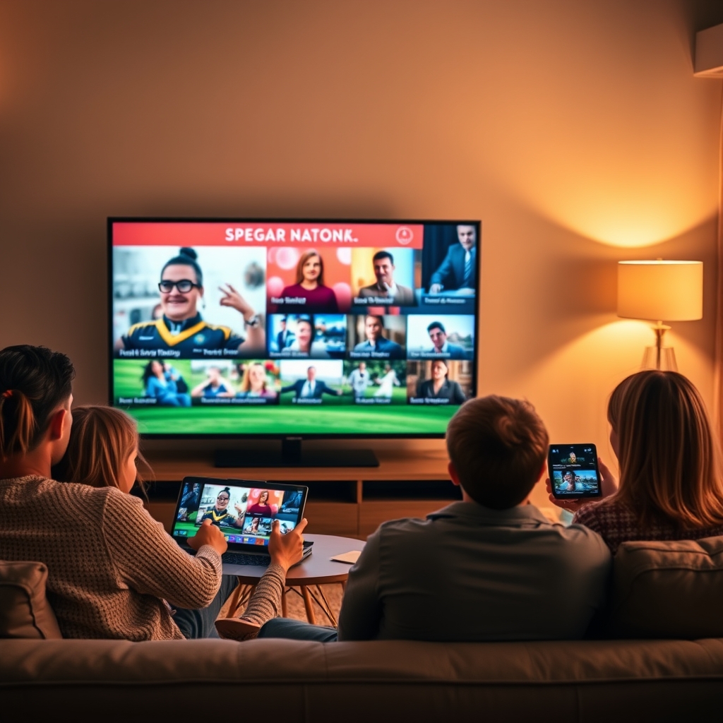 Family watching live TV on multiple devices with BoxTV Stream
