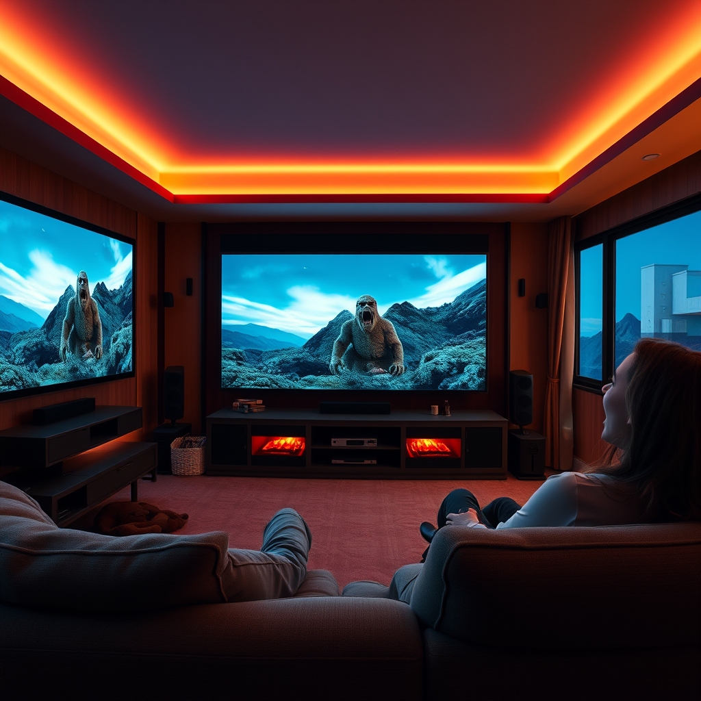 A person watching a 4K movie on a large screen TV with BoxTV Stream