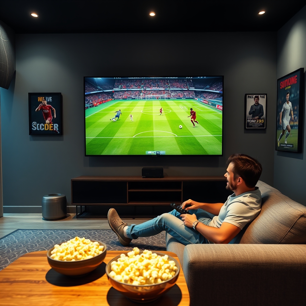 A person holding a remote control, sitting in front of a widescreen TV with a soccer match playing in 4K