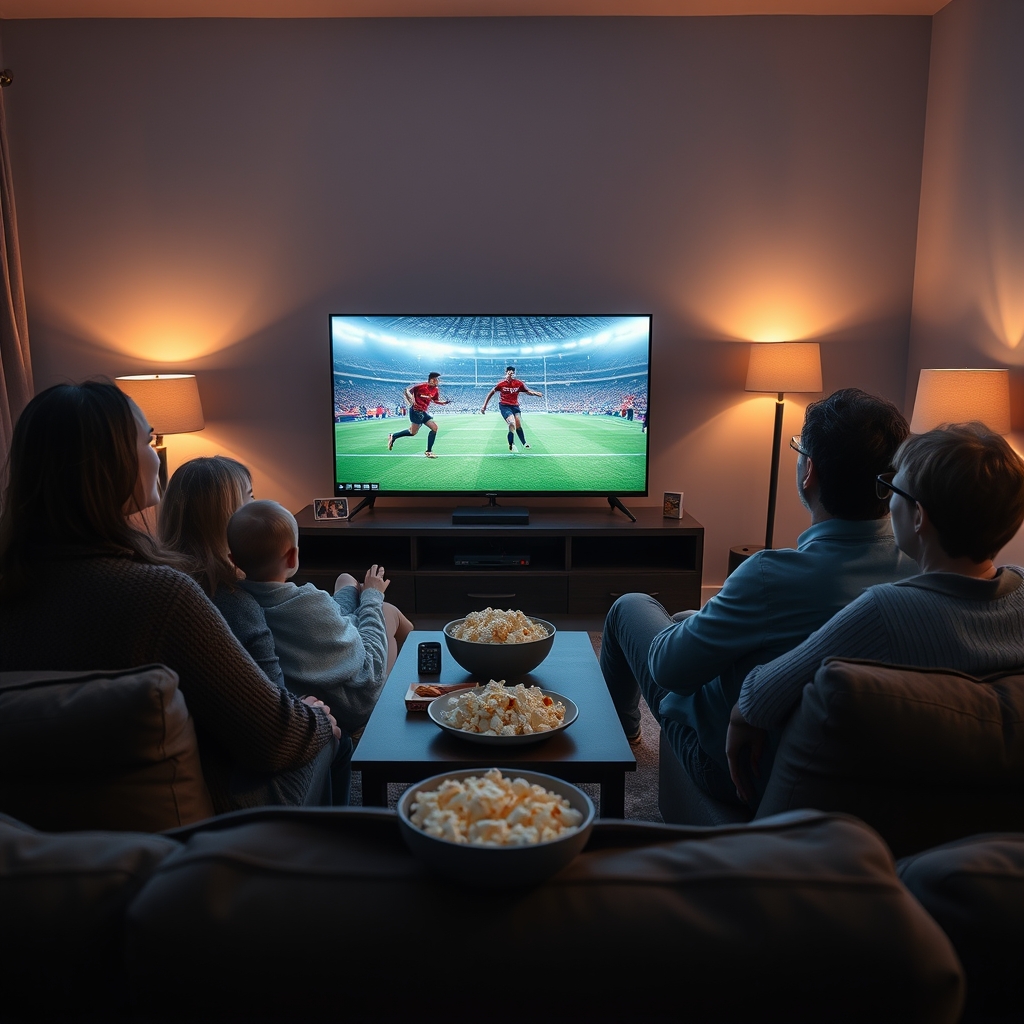 A family watching live TV on a large screen with a premium streaming service