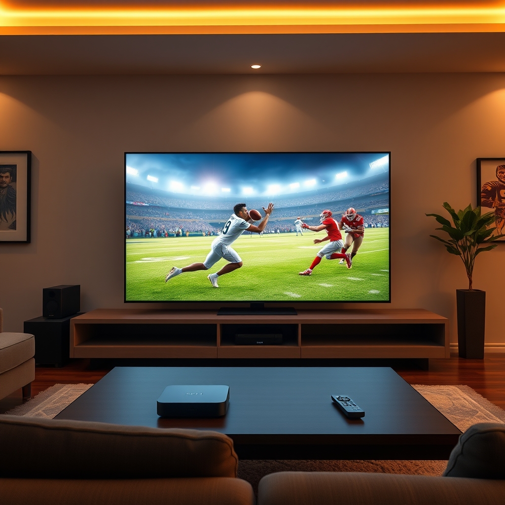 A person watching 4K IPTV on a large smart TV in a modern living room