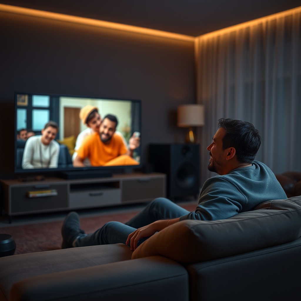 A person laughing while watching a comedy movie on their TV with a live TV streaming service