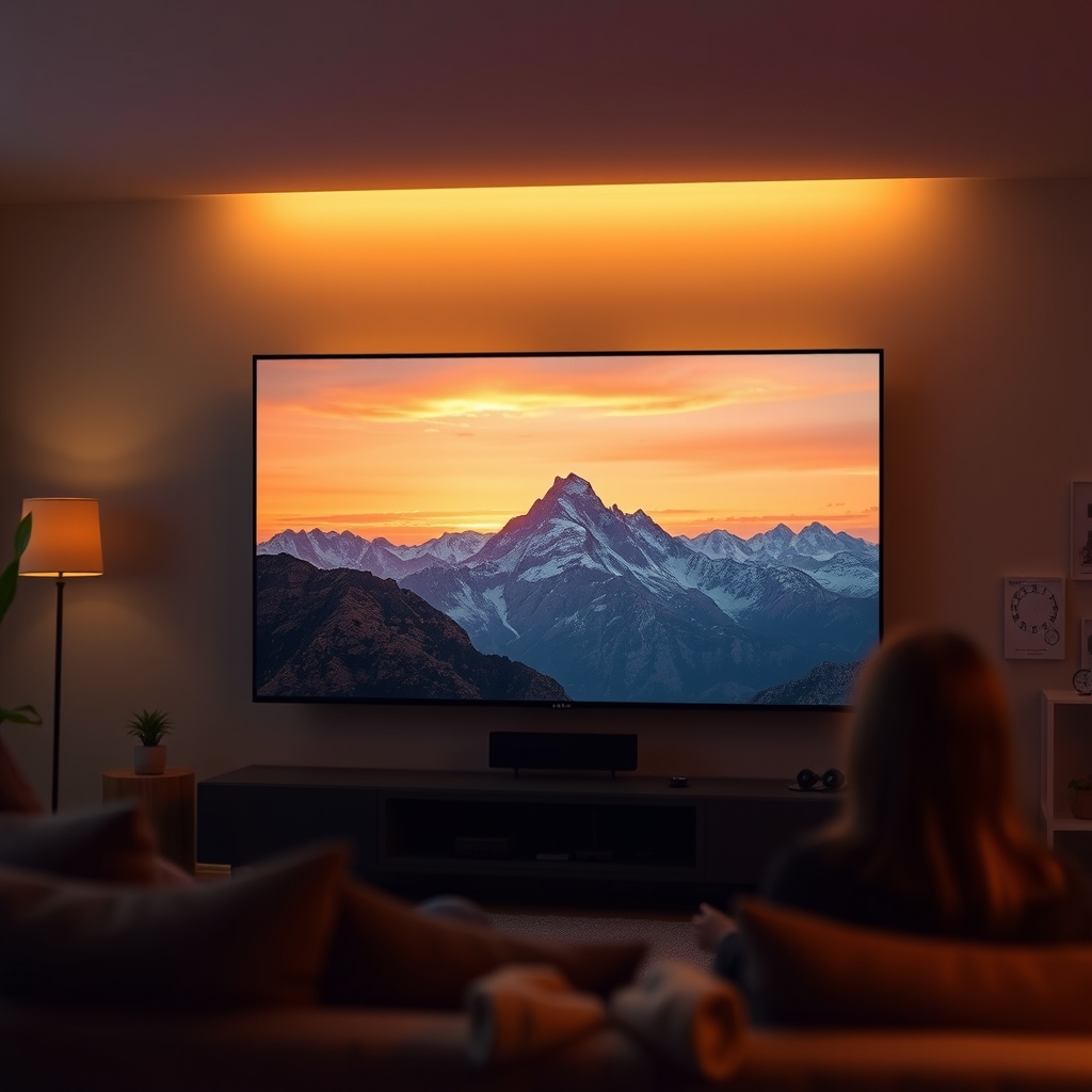 A person watching a travel documentary on a 4K TV with a stunning landscape in the background