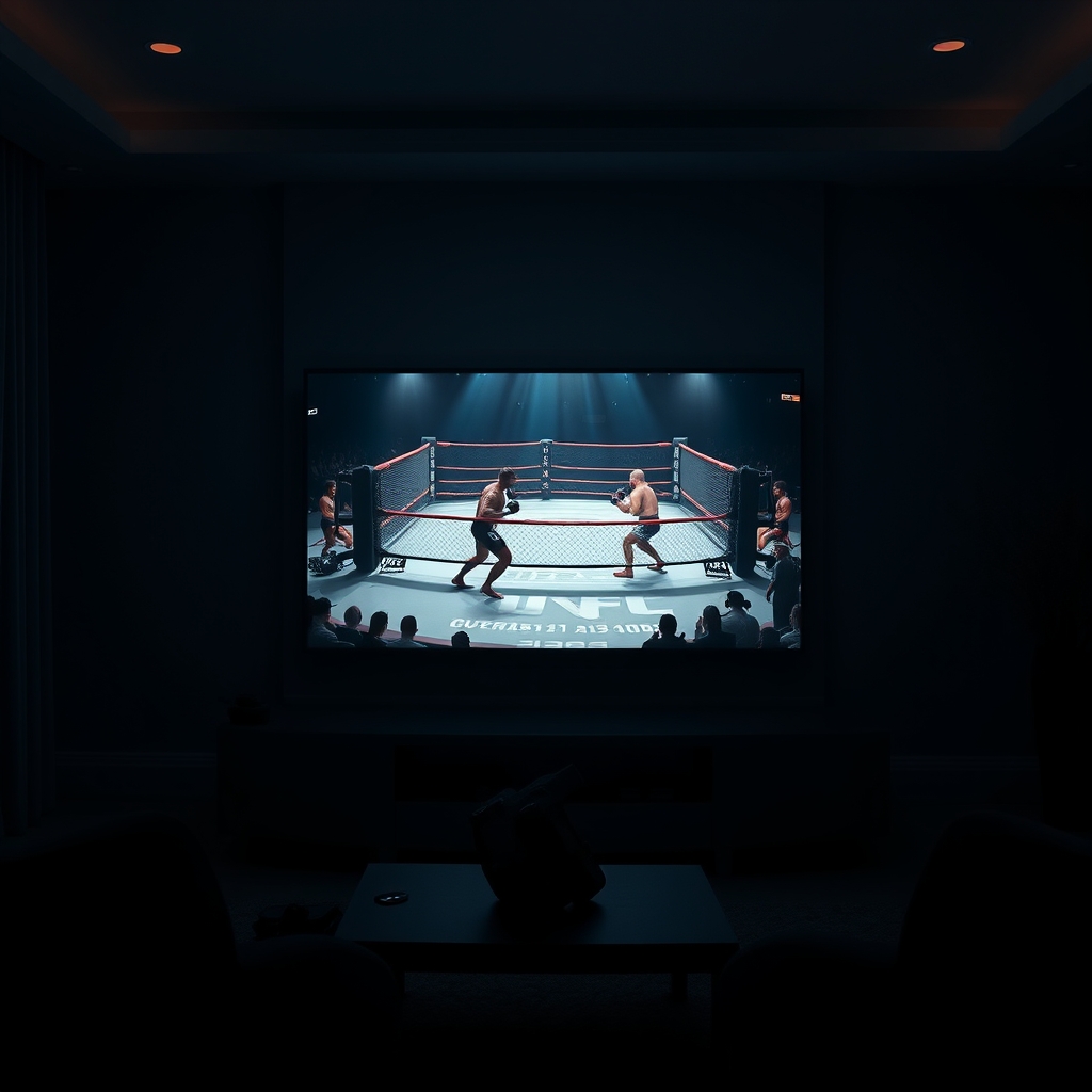 A photorealistic image of a widescreen TV showing a UFC match in 4K, with a darkened living room in the background