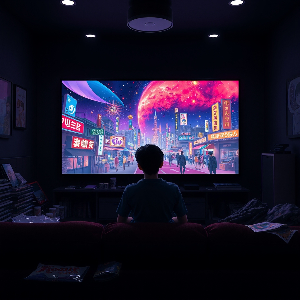 A person watching 4K anime on a large screen TV with BoxTV Stream