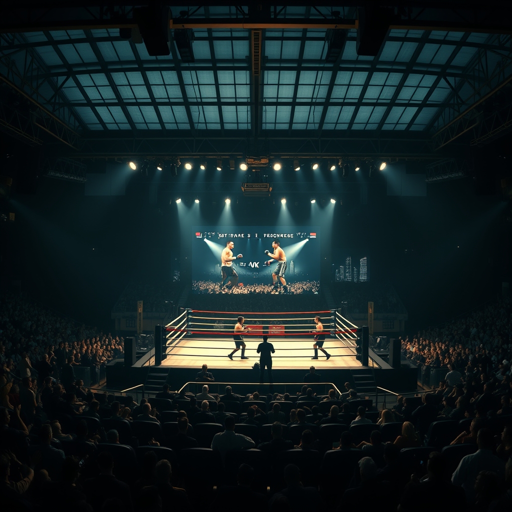 A photorealistic image of a boxer in the ring with a huge screen displaying a live boxing match in 4K in the background