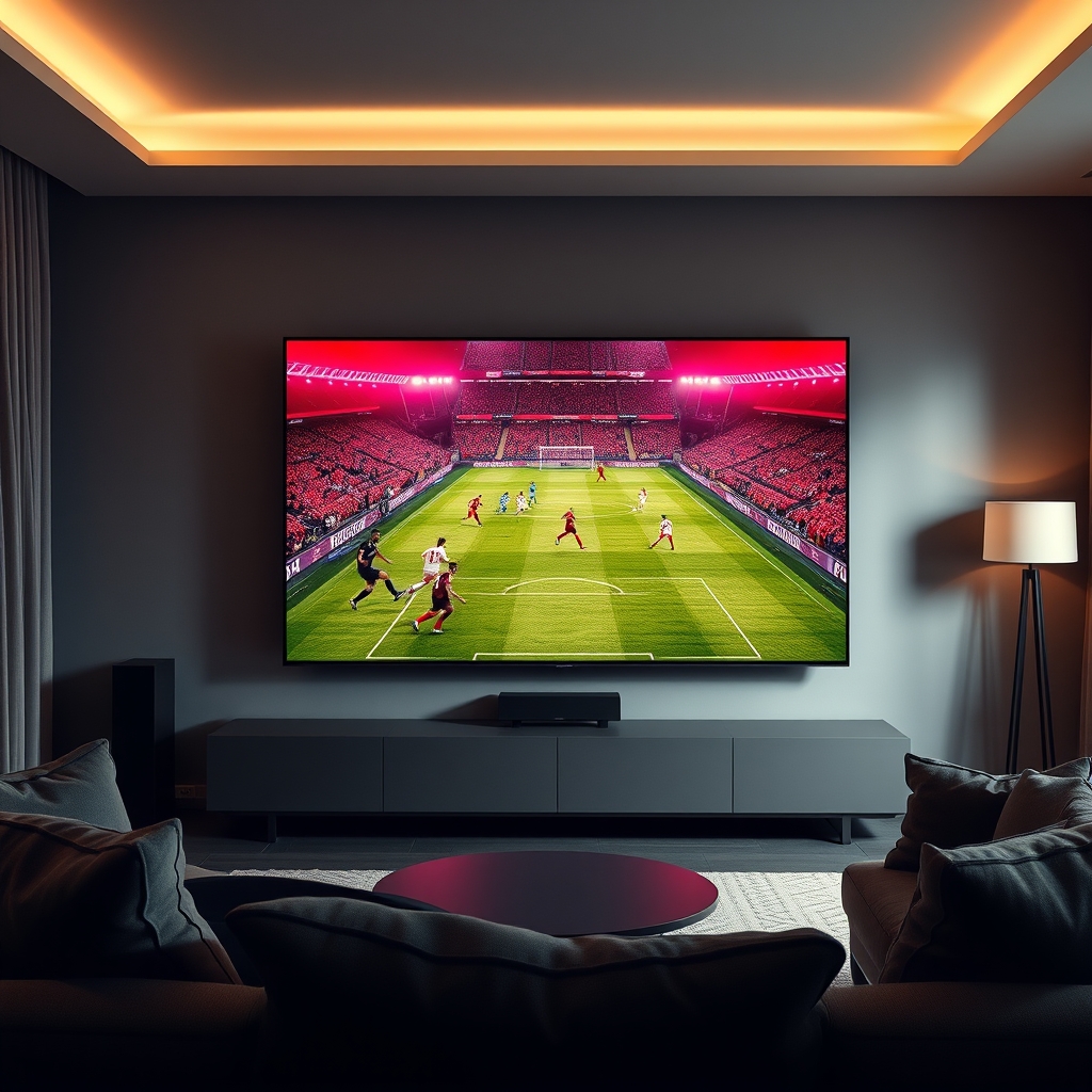 A widescreen TV displaying a 4K Bundesliga match with a stadium background, via BoxTV Stream IPTV
