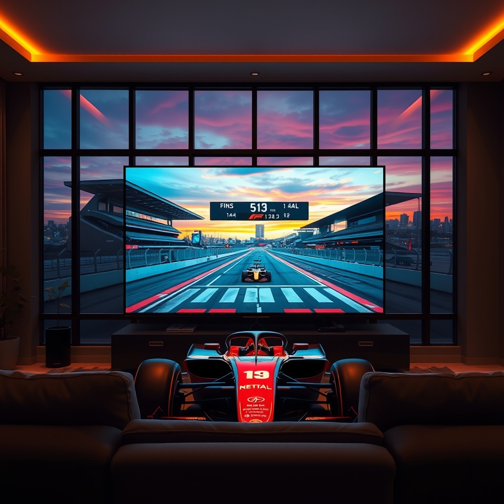 Formula 1 car racing on a 4K TV with IPTV streaming