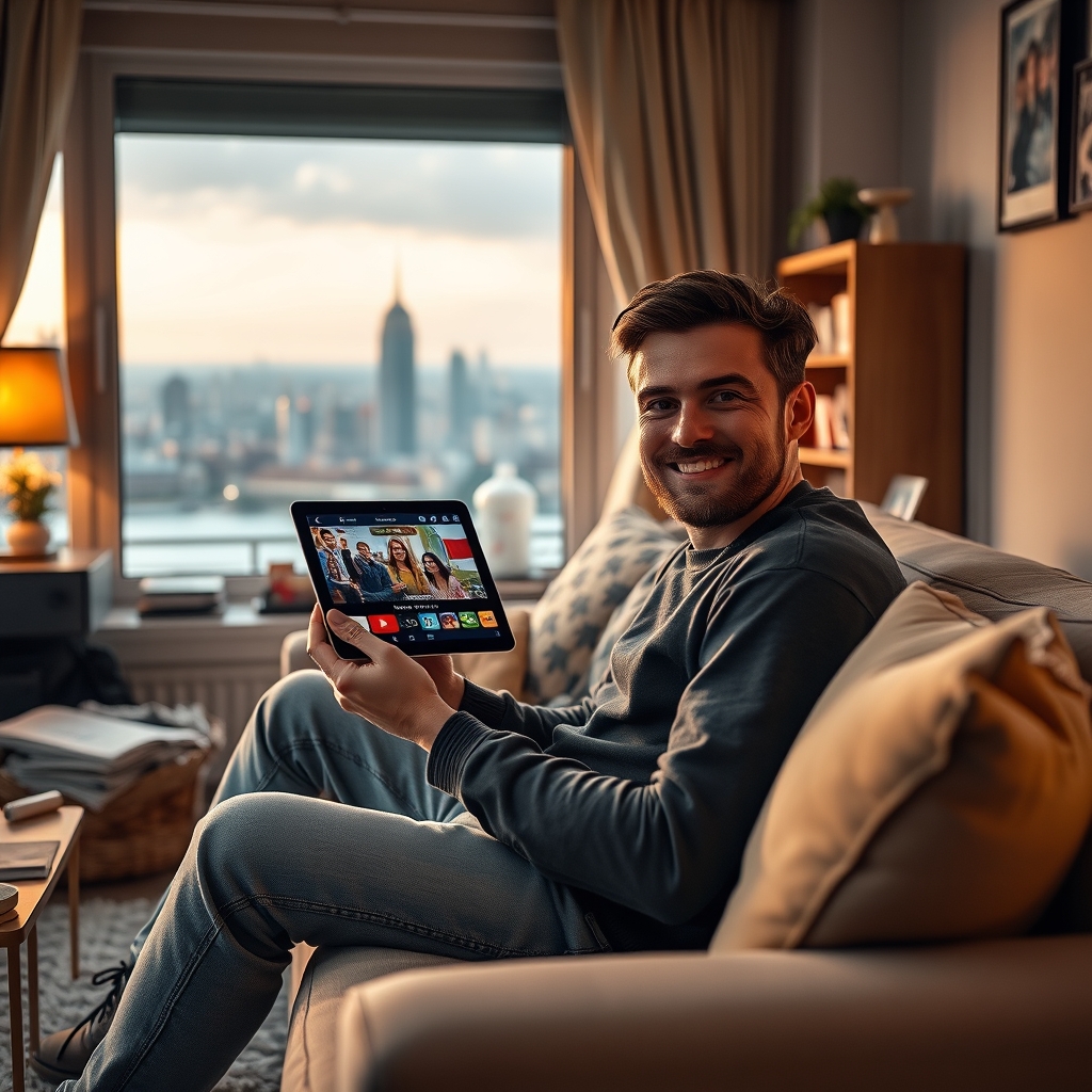 A person watching their home country's TV channels on a tablet while abroad