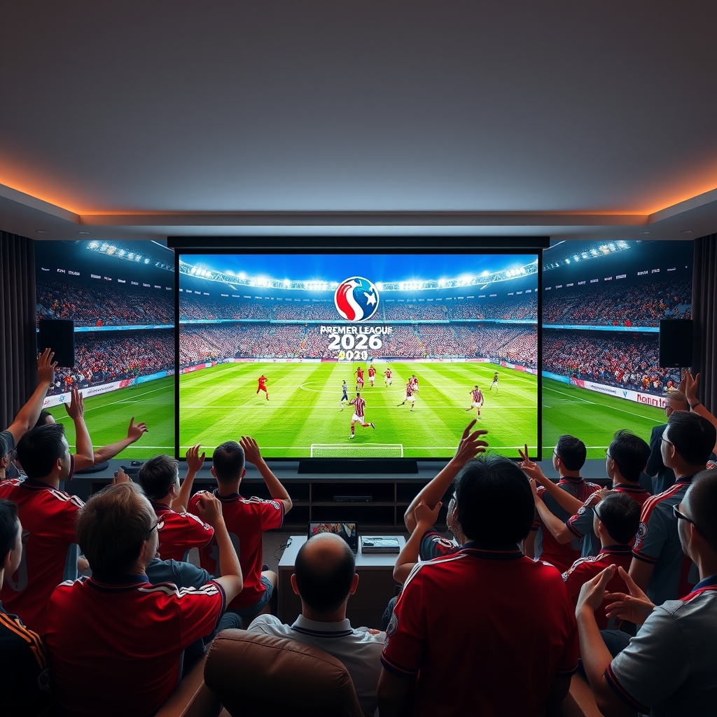 A football fan watching Premier League 2026 in 4K on a large screen TV with BoxTV Stream IPTV