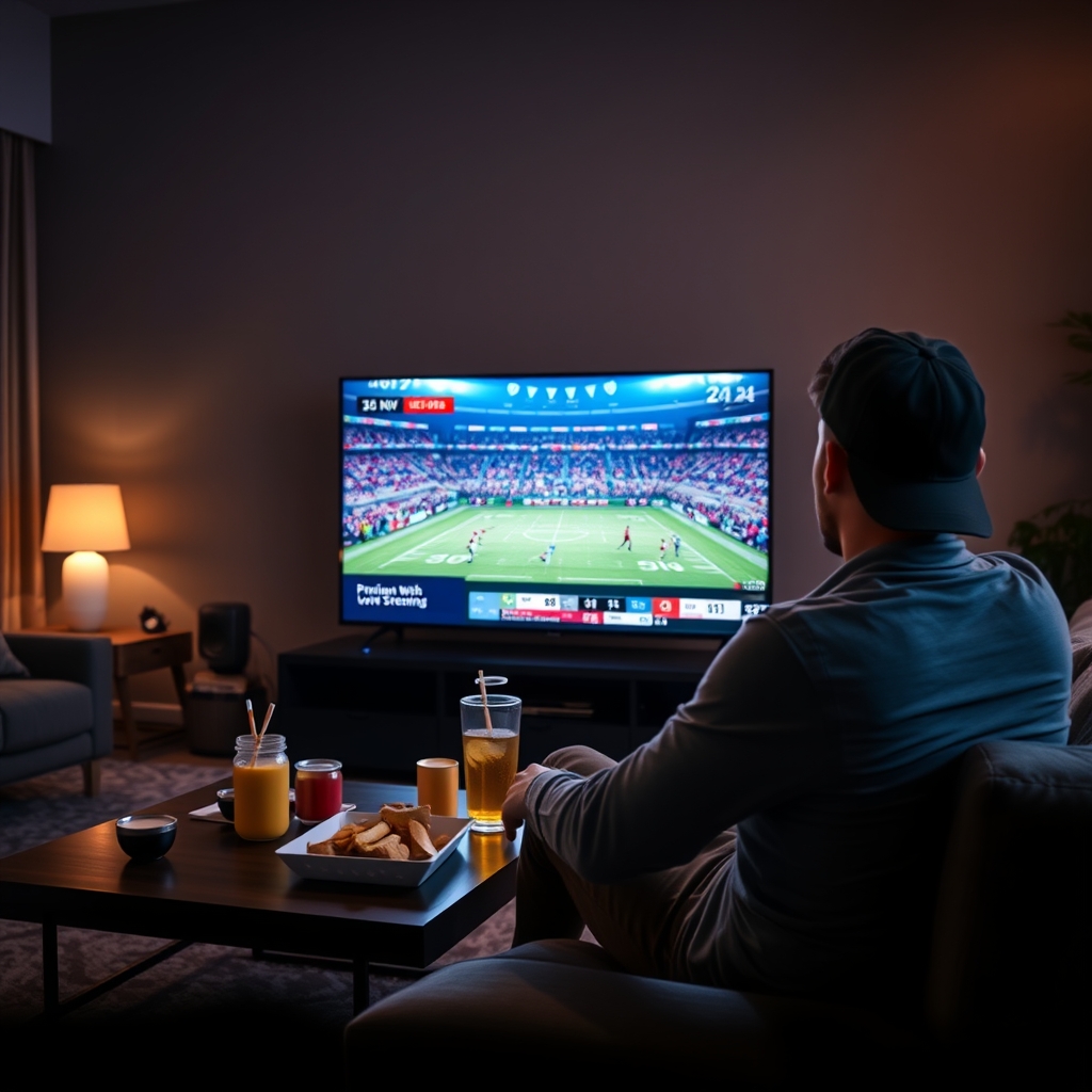 A person watching live TV on a 4K TV with a premium streaming service